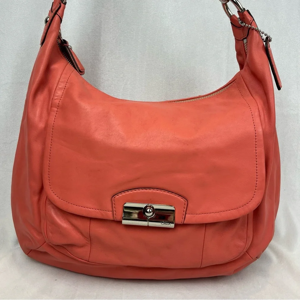 Coach Kristin F22309 Coral Pink Large Smooth Soft Leather Hobo Shoulder Bag - Picture 3 of 12